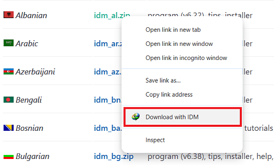 Open dialog to customize keys to to prevent or force a download with IDM